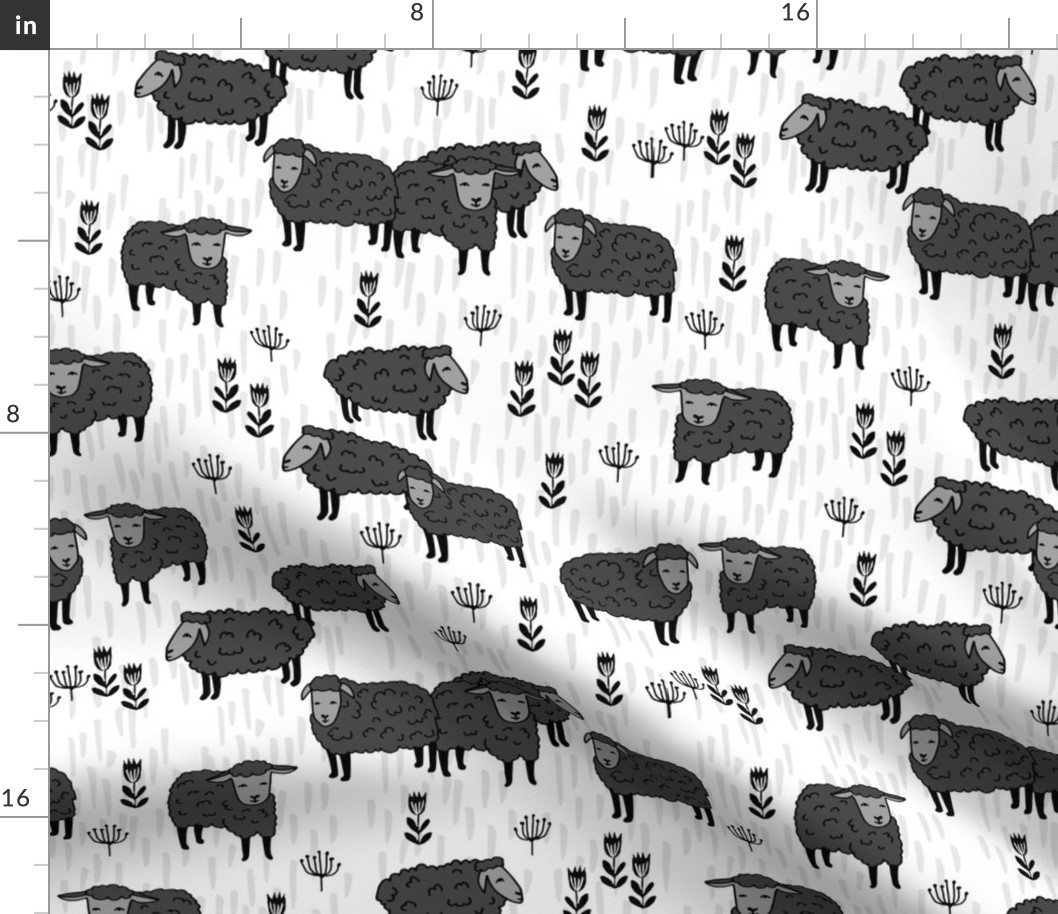 Field of Sheep - sheep fabric // charcoal and white farm animals design andrea lauren fabric by Andrea Lauren