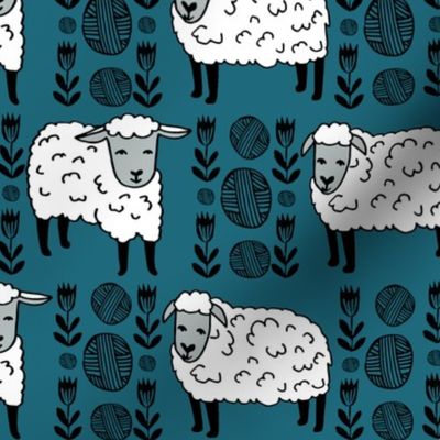 Sheep fabric // sheep and yarn ball wool fabric andrea lauren design - bondi blue