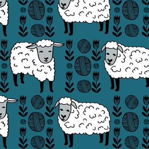 Sheep fabric // sheep and yarn ball wool fabric andrea lauren design - bondi blue