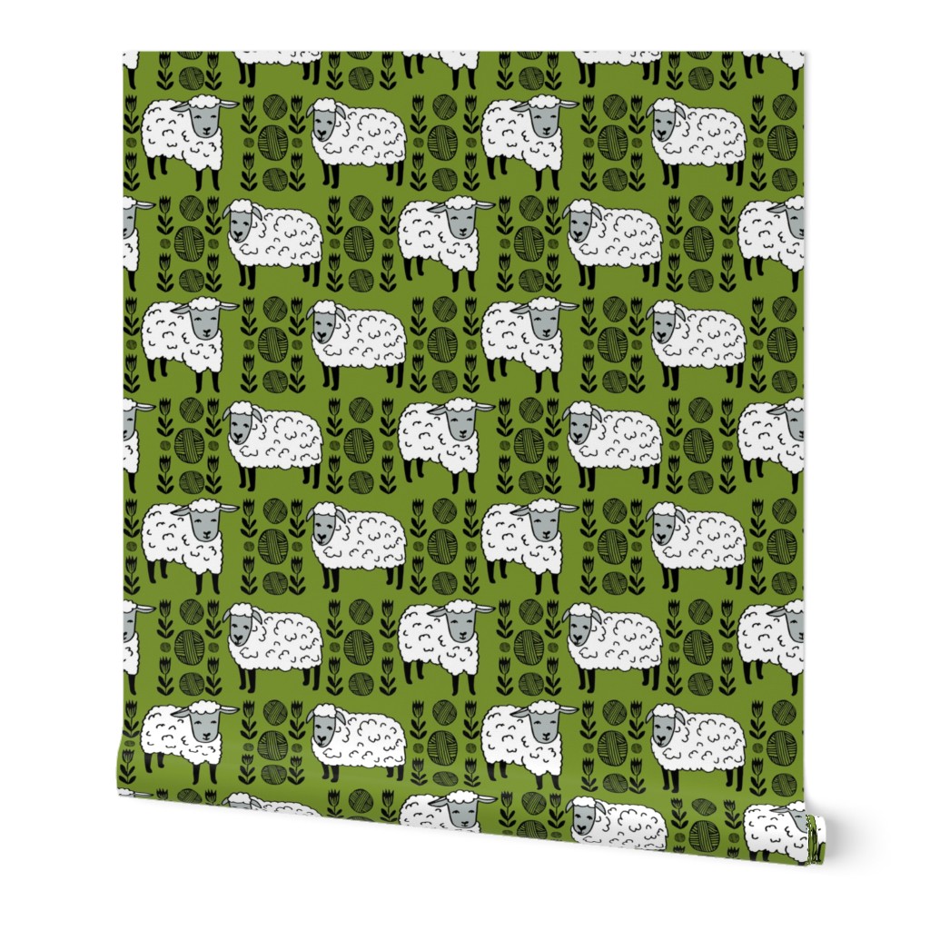 Sheep fabric // sheep and yarn ball wool fabric andrea lauren design - moss green