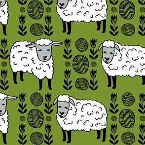 Sheep fabric // sheep and yarn ball wool fabric andrea lauren design - moss green