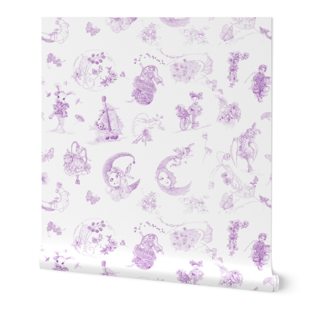 Lavender on White Toile de Jouy hand-drawn fairy tales