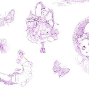 Four-Inch Figures on Lavender on White Toile de Jouy Hand-drawn Fairy Tales