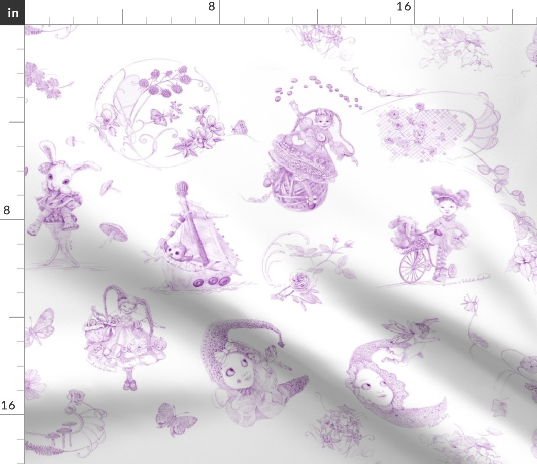 Lavender on White Toile de Jouy hand-drawn fairy tales