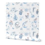 Four-Inch Figures on Blue on White Toile de Jouy Hand-drawn Fairy Tales