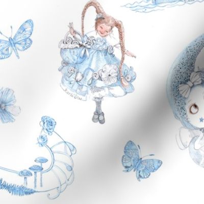 Four-Inch Figures on Blue on White Toile de Jouy Hand-drawn Fairy Tales