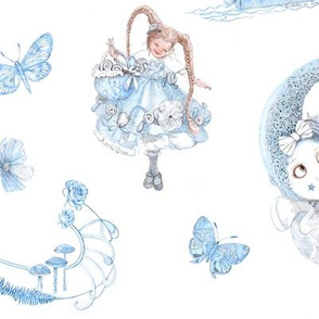 Blue on White Toile de Jouy hand-drawn fairy tales