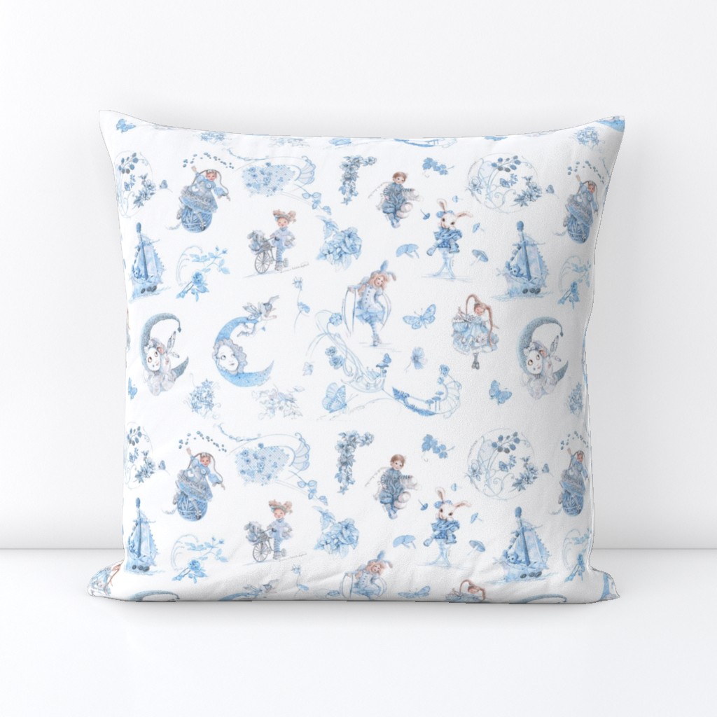 Miniature Blue on White Toile hand-drawn fairy tales