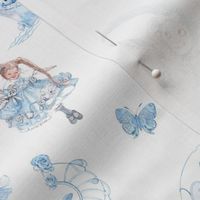 Two-Inch Figures on Miniature Blue on White Toile Hand-Drawn Fairy Tales