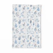 Two-Inch Figures on Miniature Blue on White Toile Hand-Drawn Fairy Tales