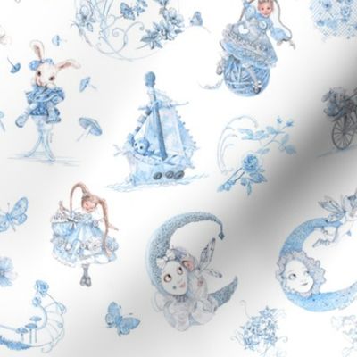 Two-Inch Figures on Miniature Blue on White Toile Hand-Drawn Fairy Tales