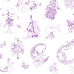 Two-Inch Figures on Miniature Lavender on White Toile Hand-Drawn Fairy Tales