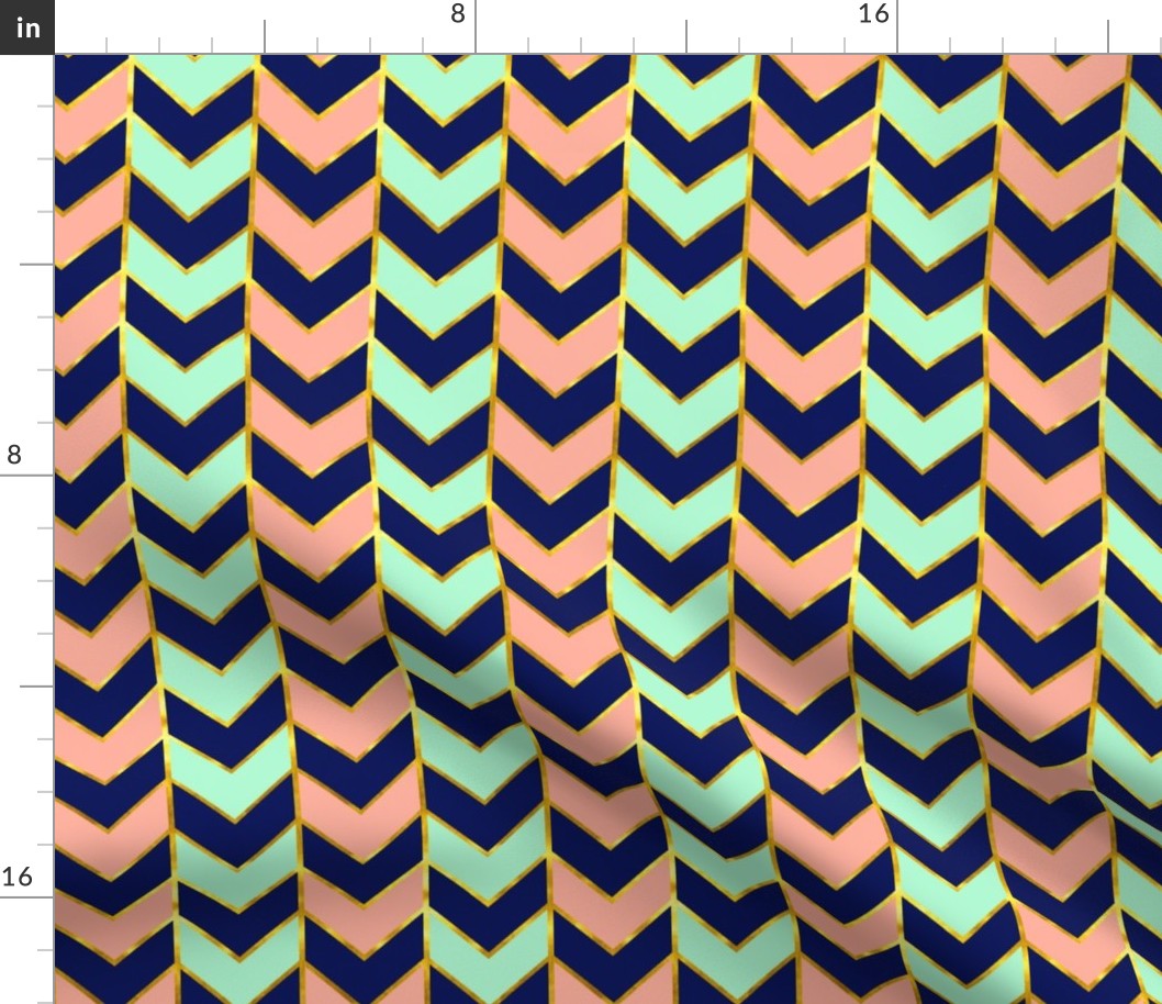 Gilded Herringbone in Navy, Mint and Coral