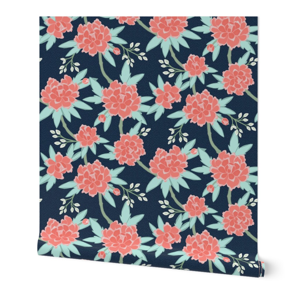 Paeonia in Coral and Mint on Navy