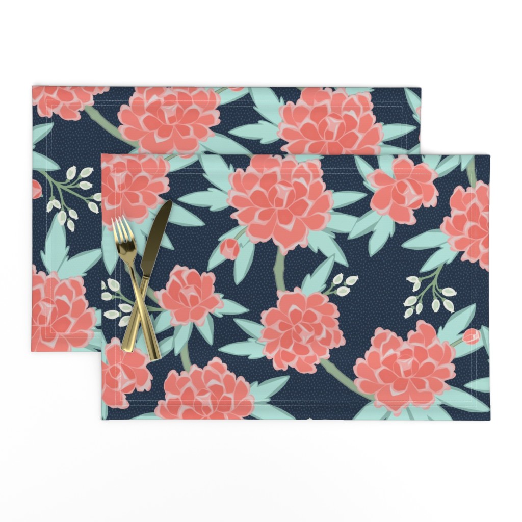 Paeonia in Coral and Mint on Navy