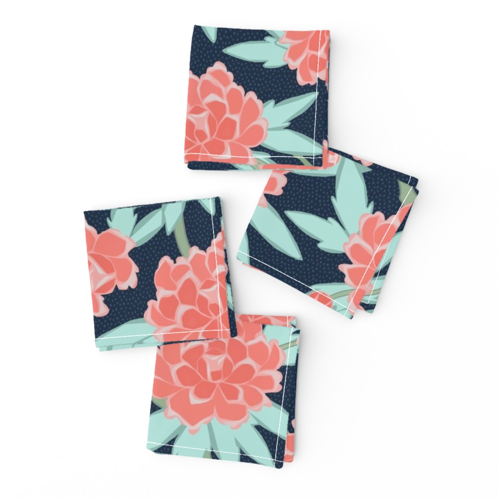 Paeonia in Coral and Mint on Navy