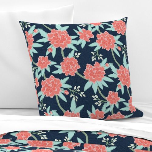 Paeonia in Coral and Mint on Navy