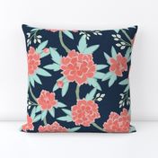 Paeonia in Coral and Mint on Navy
