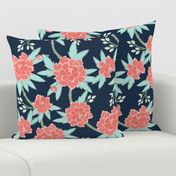 Paeonia in Coral and Mint on Navy