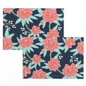 Paeonia in Coral and Mint on Navy