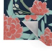 Paeonia in Coral and Mint on Navy