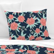 Paeonia in Coral and Mint on Navy