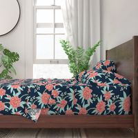 Paeonia in Coral and Mint on Navy