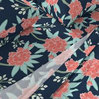 Paeonia in Coral and Mint on Navy