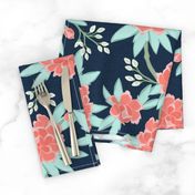 Paeonia in Coral and Mint on Navy