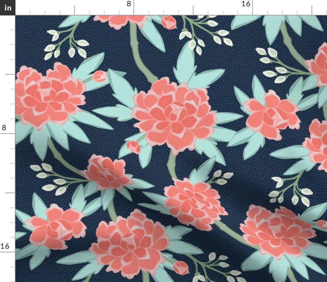 Paeonia in Coral and Mint on Navy