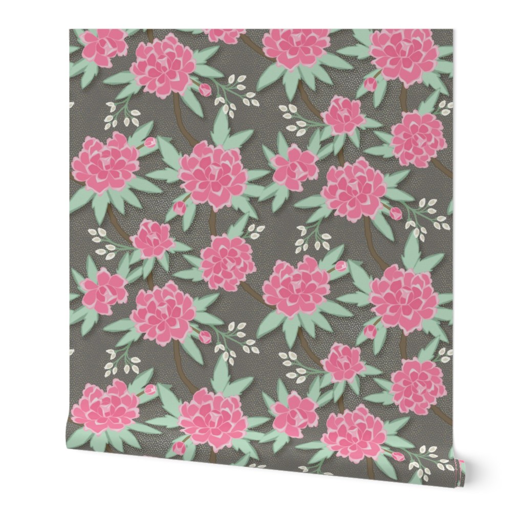 Paeonia in Pink and Mint on Charcoal 