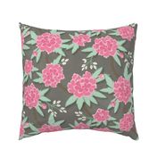 Paeonia in Pink and Mint on Charcoal 