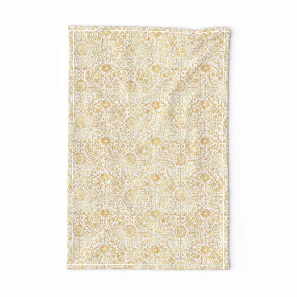 Indian Woodblock in Gold on White | Rustic gold floral, hand block printed pattern in yellow and white, botanical print, gold yellow block print design.