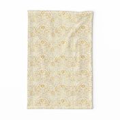 Indian Woodblock in Gold on White | Rustic gold floral, hand block printed pattern in yellow and white, botanical print, gold yellow block print design.