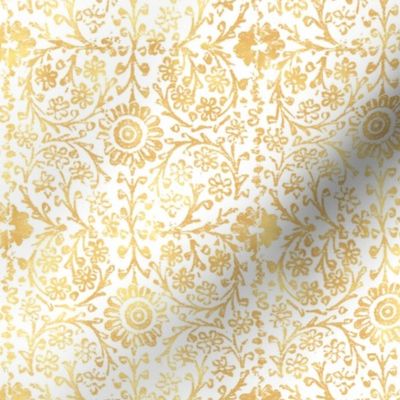 Indian Woodblock in Gold on White | Rustic gold floral, hand block printed pattern in yellow and white, botanical print, gold yellow block print design.