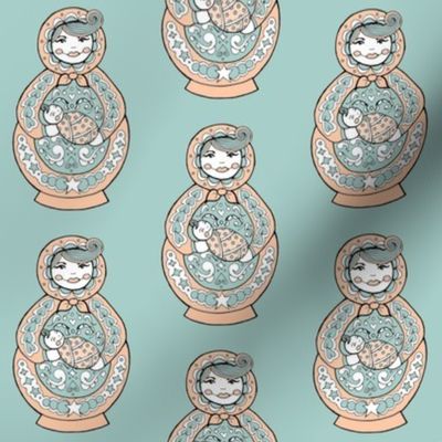 Russian Doll And Baby - Peach & Green-Blue