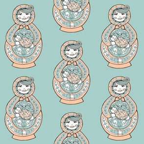 Russian Doll And Baby - Peach & Green-Blue