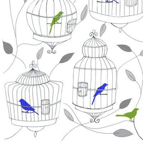 Blue and Lime Green Birds and Cages