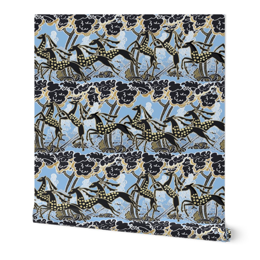 Art Deco gazelles galloping through, pale blue by Su_G