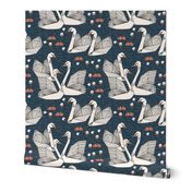 swans // geometric swans navy blue dark blue smaller version swan in the lily pond water lilies girls