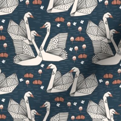 swans // geometric swans navy blue dark blue smaller version swan in the lily pond water lilies girls