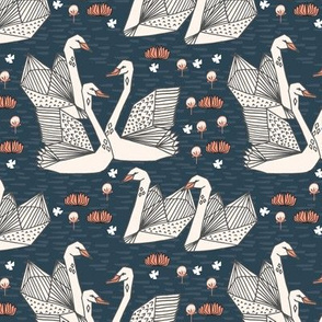 swans // geometric swans navy blue dark blue smaller version swan in the lily pond water lilies girls