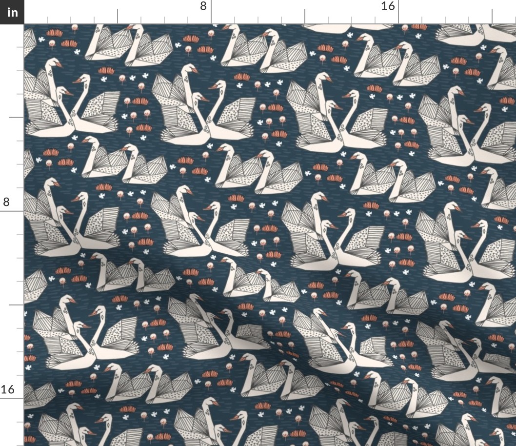 swans // geometric swans navy blue dark blue smaller version swan in the lily pond water lilies girls