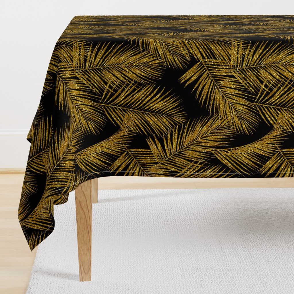 gold glitter palm leaves - black, large. silhuettes faux gold imitation tropical forest black background hot summer palm plant leaves shimmering metal effect texture fabric wallpaper giftwrap