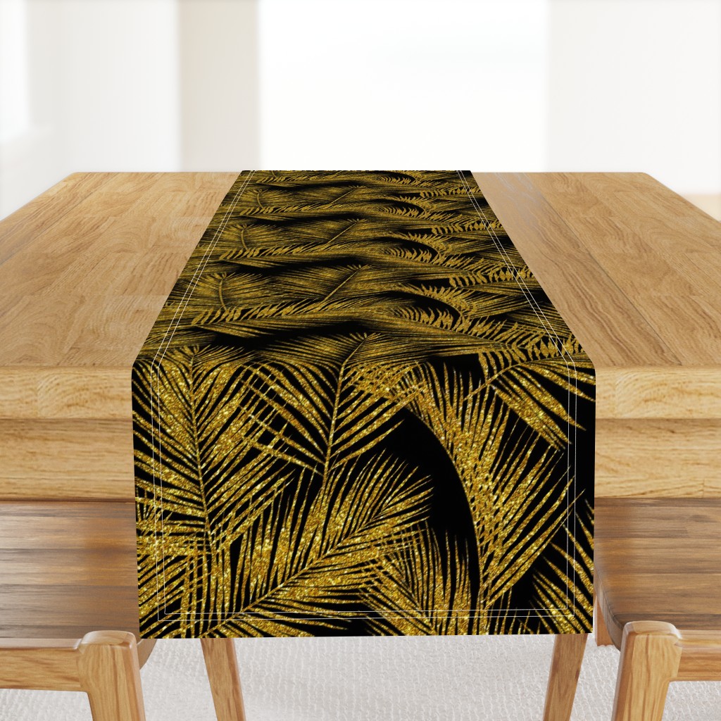 gold glitter palm leaves - black, large. silhuettes faux gold imitation tropical forest black background hot summer palm plant leaves shimmering metal effect texture fabric wallpaper giftwrap
