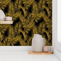 gold glitter palm leaves - black, large. silhuettes faux gold imitation tropical forest black background hot summer palm plant leaves shimmering metal effect texture fabric wallpaper giftwrap