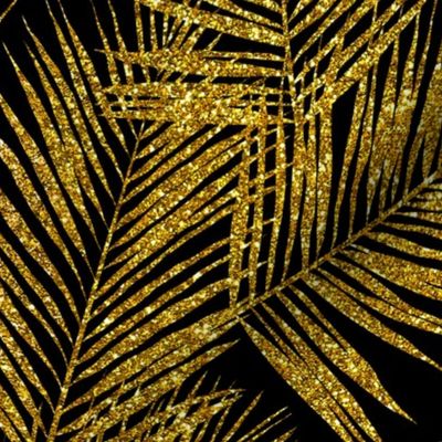 gold glitter palm leaves - black, large. silhuettes faux gold imitation tropical forest black background hot summer palm plant leaves shimmering metal effect texture fabric wallpaper giftwrap