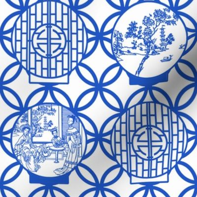 Chinoiserie Scenes through a moon gate, blue by Su_G_©SuSchaefer