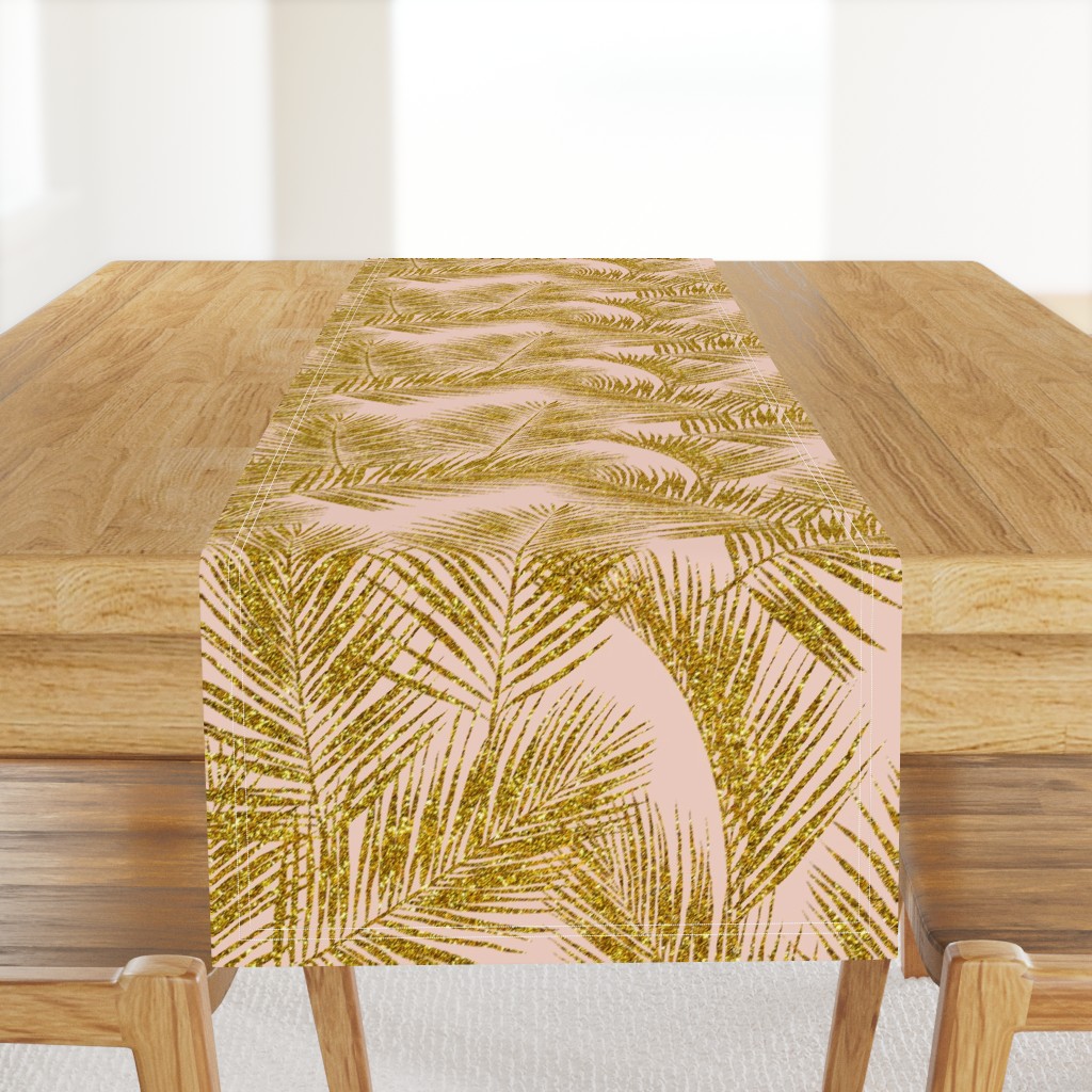 gold glitter palm leaves - blush, large. silhuettes faux gold imitation tropical forest blush background hot summer palm plant leaves shimmering metal effect texture fabric wallpaper giftwrap