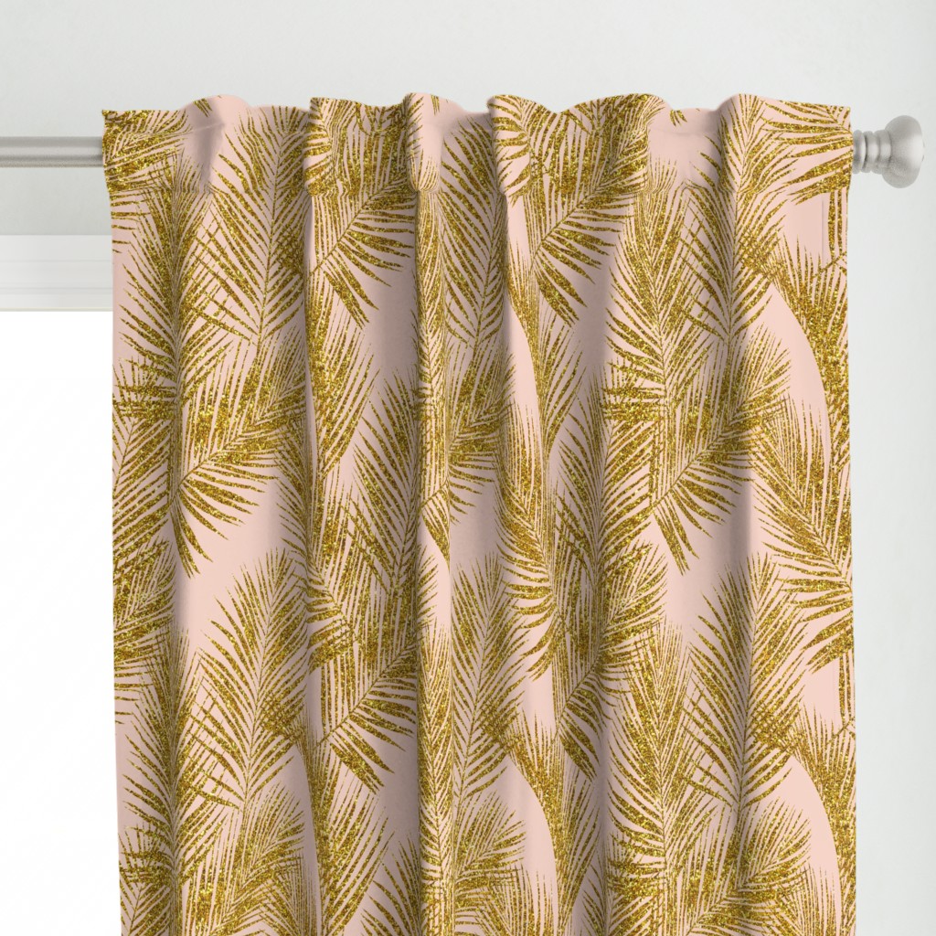 gold glitter palm leaves - blush, large. silhuettes faux gold imitation tropical forest blush background hot summer palm plant leaves shimmering metal effect texture fabric wallpaper giftwrap